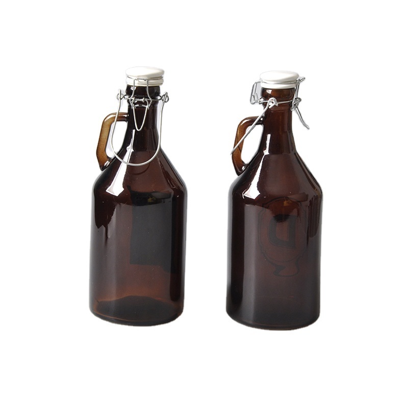 Wholesale  round growler Dark Amber beer glass growler with swing ceramic lid 32oz 64oz 1L 2L water wine  bottle with handle