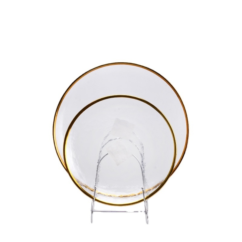 Wholesale Round clear glass fruit plate flat glass dish large charger plate  with silver gold rim