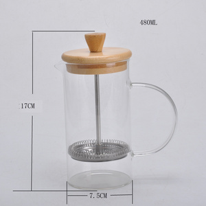 New design glass coffee french press with bamboo lid 480ml 1100ml