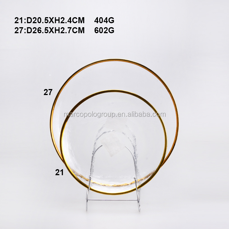 Wholesale Round clear glass fruit plate flat glass dish large charger plate  with silver gold rim