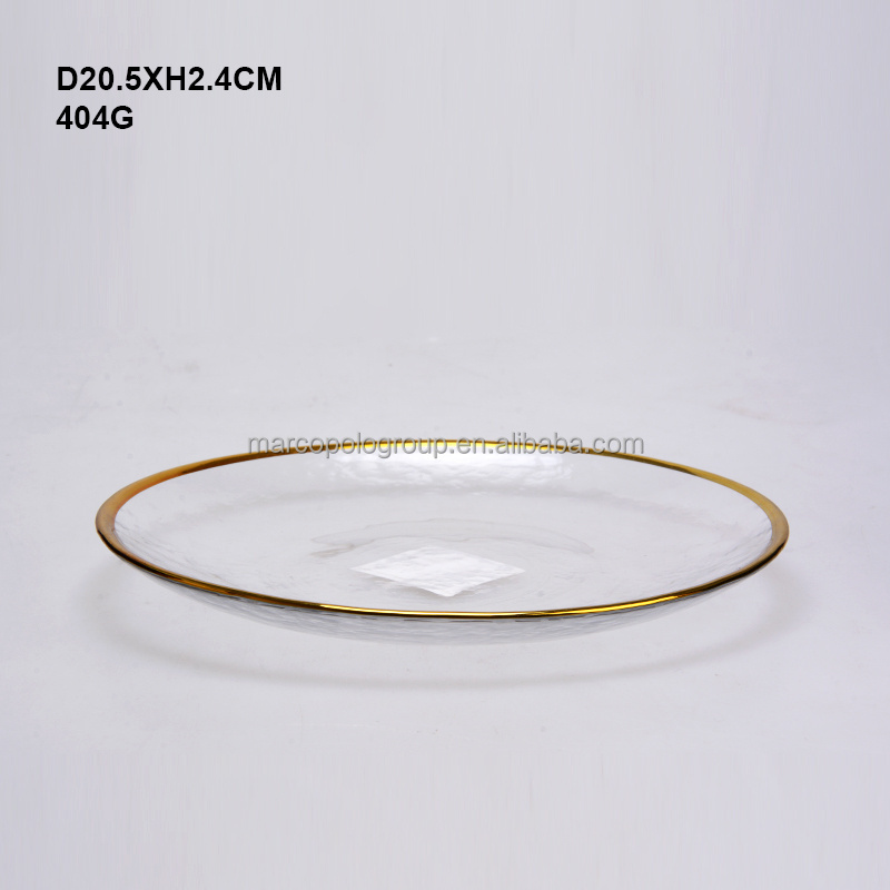 Wholesale Round clear glass fruit plate flat  dish large charger plate with silver gold rim for wedding home use