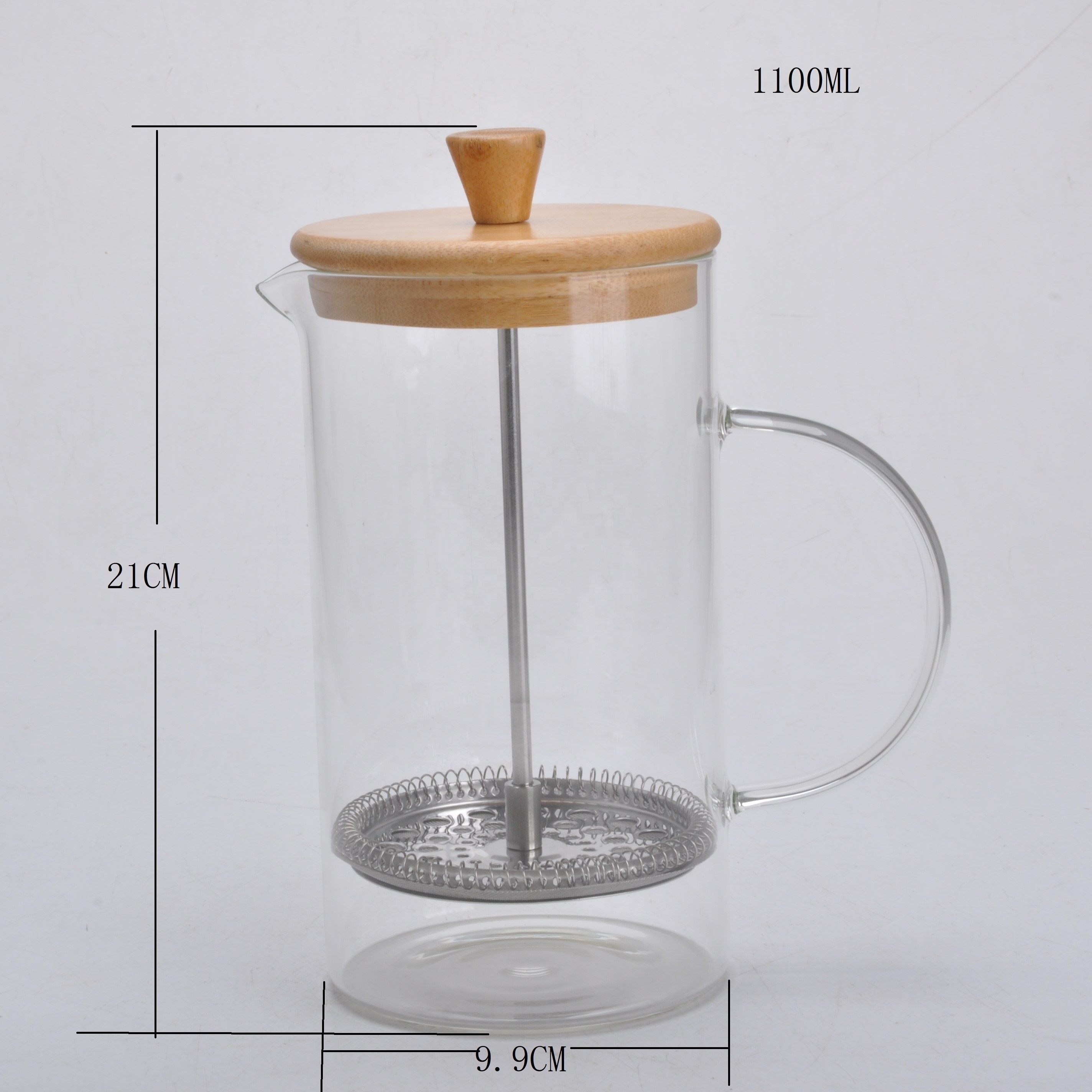 New design glass coffee french press with bamboo lid 480ml 1100ml