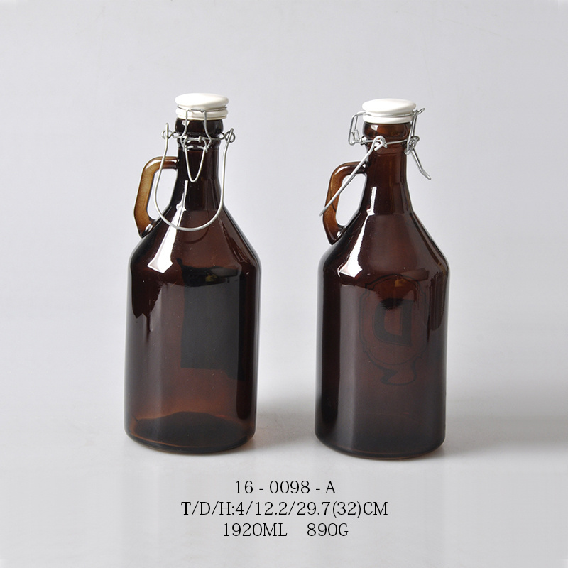 Wholesale  round growler Dark Amber beer glass growler with swing ceramic lid 32oz 64oz 1L 2L water wine  bottle with handle