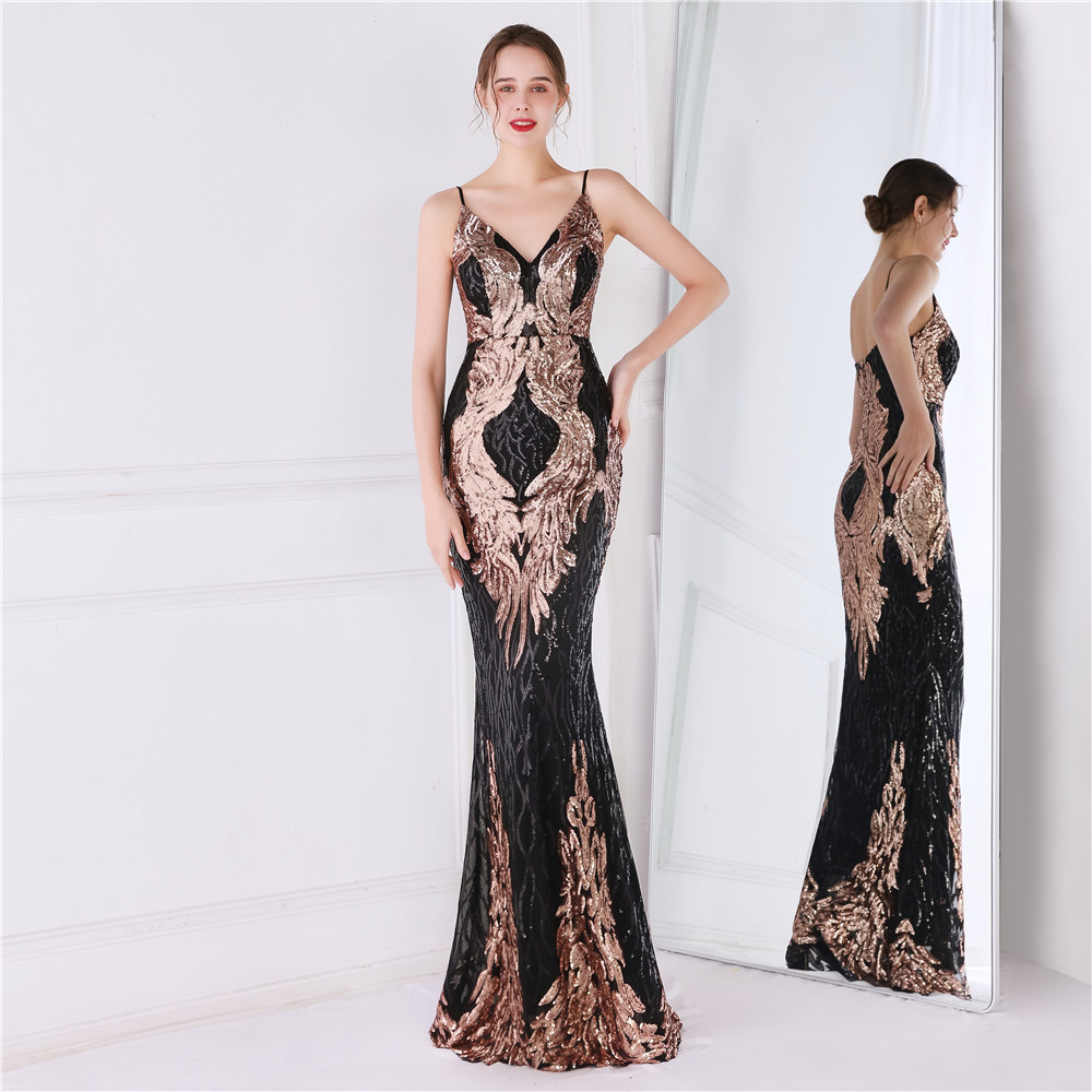 2022 New Arrival Trumpet Prom Dresses Sleeveless V-neck Sequin Sheath Elegant Black Evening Dress For Women