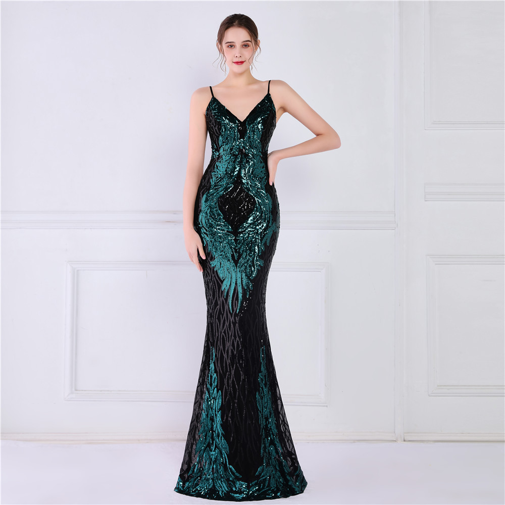 2022 New Arrival Trumpet Prom Dresses Sleeveless V-neck Sequin Sheath Elegant Black Evening Dress For Women