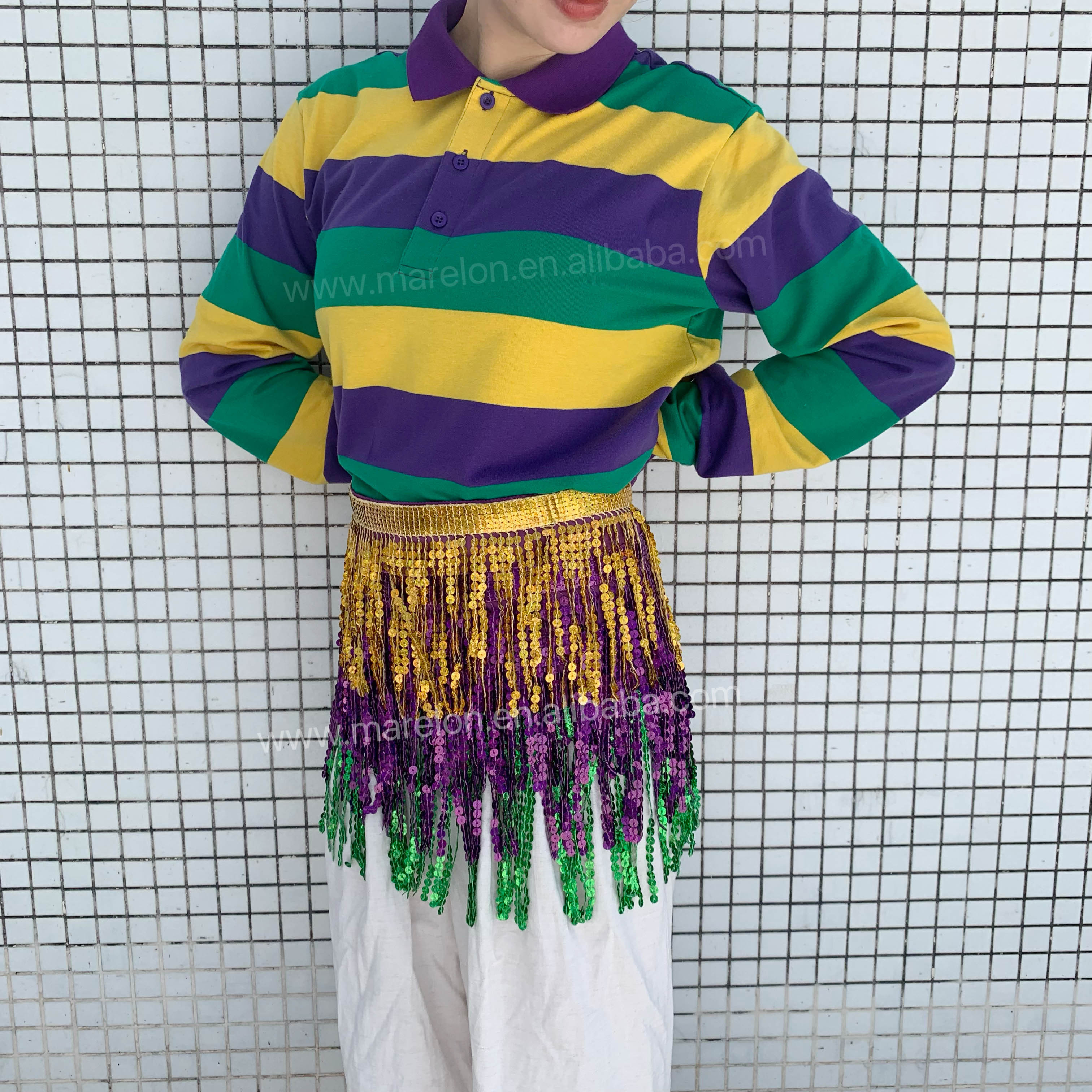 New Orleans Carnival Adult Clothes Long Sleeves Striped Polo Shirt Men's Wear Outfit Custom T-Shirts Mardi Gras Apparel