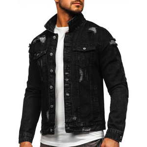 Regular Fit Men's Washed Light Black Jeans Jacket Denim Jackets With Red Stripe Design On Sleeves