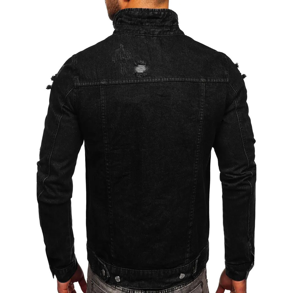 Regular Fit Men's Washed Light Black Jeans Jacket Denim Jackets With Red Stripe Design On Sleeves