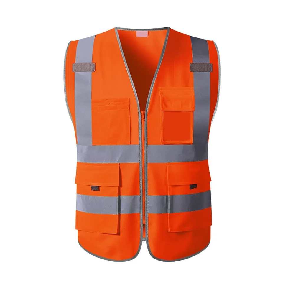 Hi Vis Orange Mesh Construction Safety Vests Customized Reflective Security Vest Multi Pockets Work Wear