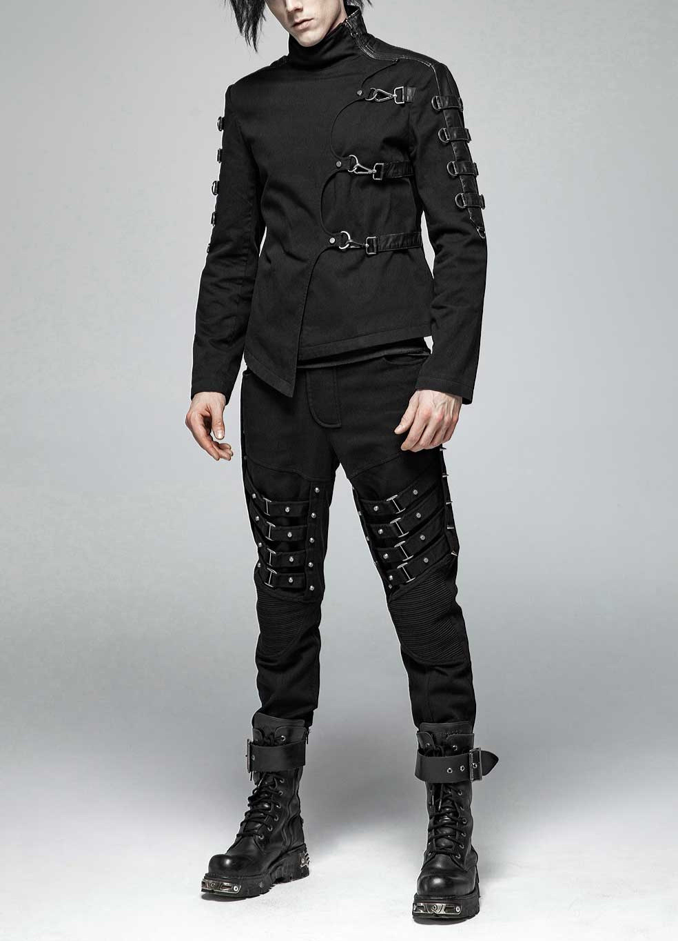 Men Cotton Twill Punk Coat Chains Buckles Punk Gothic Straight Jacket Coat Costumes Customized Gothic Coats Men