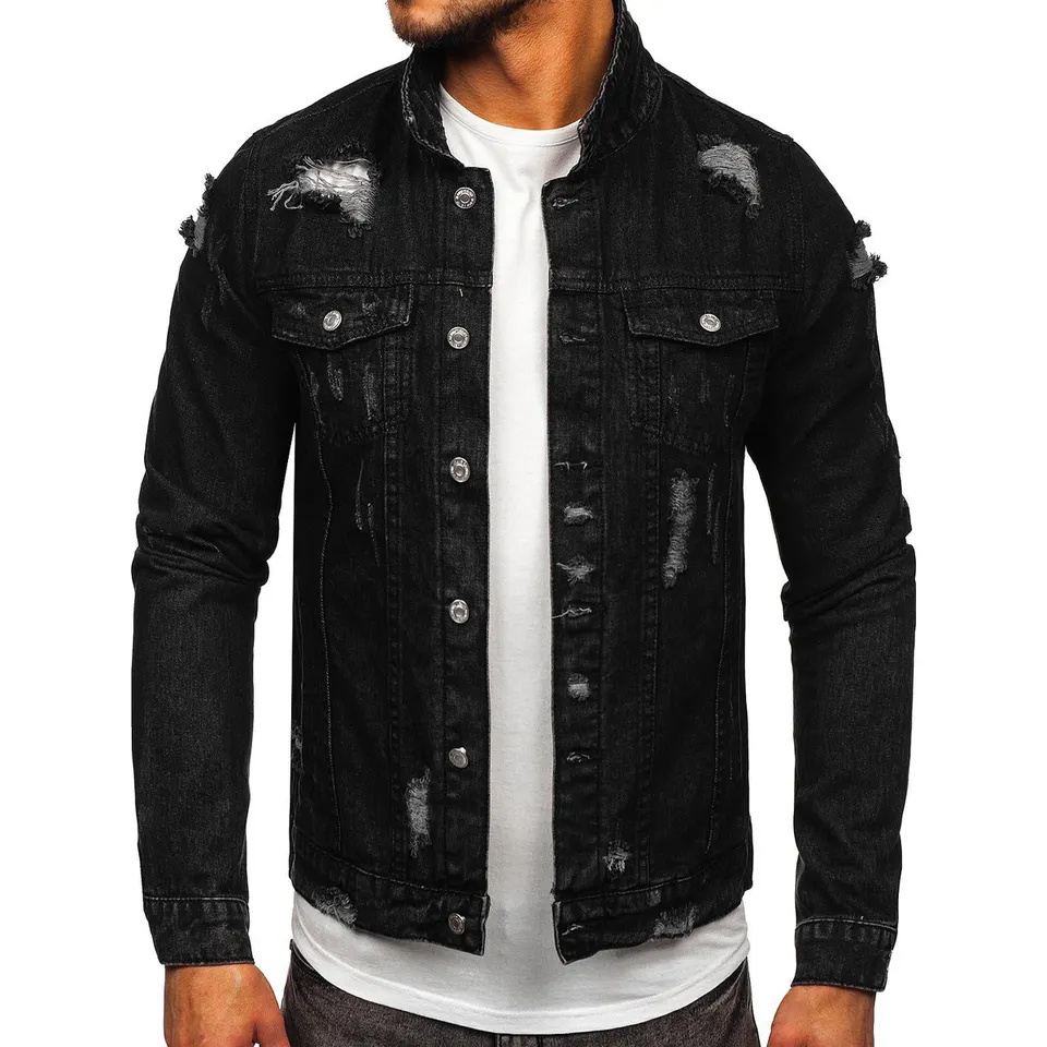 Regular Fit Men's Washed Light Black Jeans Jacket Denim Jackets With Red Stripe Design On Sleeves