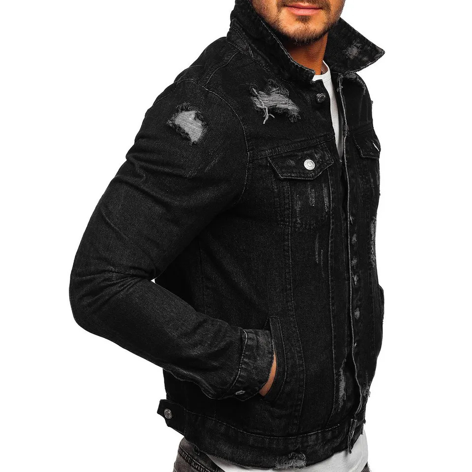 Regular Fit Men's Washed Light Black Jeans Jacket Denim Jackets With Red Stripe Design On Sleeves