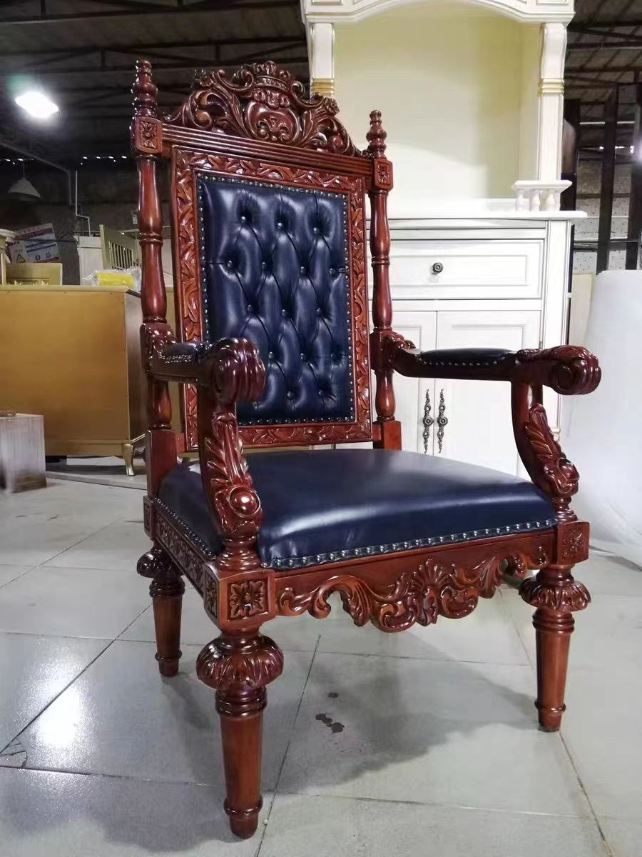 European Classical High-Back Leather Office Chair with Hand Carving Brown Teak Wood Leisure Villa Chair Home Hotel Living Room