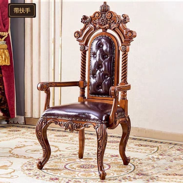 European Classical High-Back Leather Office Chair with Hand Carving Brown Teak Wood Leisure Villa Chair Home Hotel Living Room