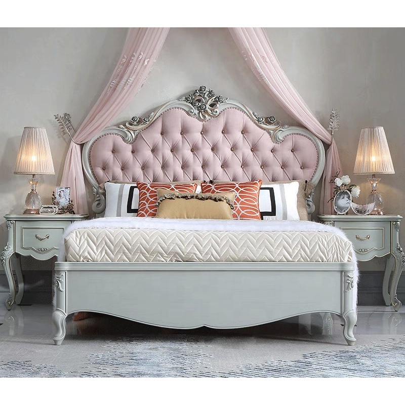 Court French 1.5 Inch Pink Princess Luxury Bed Red Oak Master Bedroom Double Soft Storage Bed European Flocking Daughter Feature