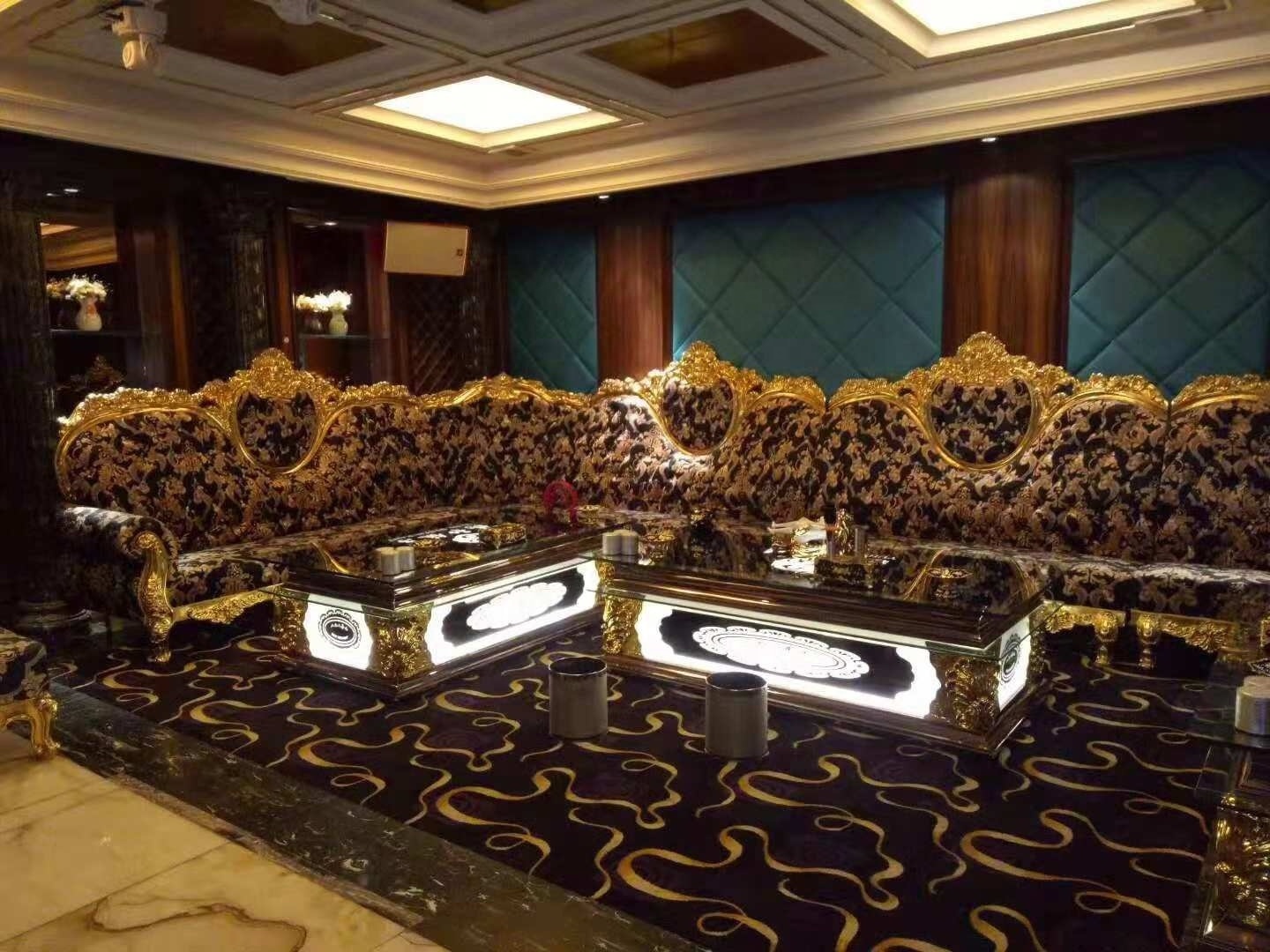 Luxury Custom Wood Classical Gold Leaf Bar Furniture Half Water/Fireproof KTV Room Sofa Booth Apartment Party Basement