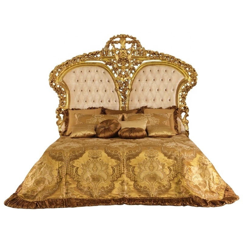 Antique Luxury Teak Wood King Size Bed Suite Handmade Indoor Bedroom Furniture with Turkish Classical Gold Finish Home Apartment