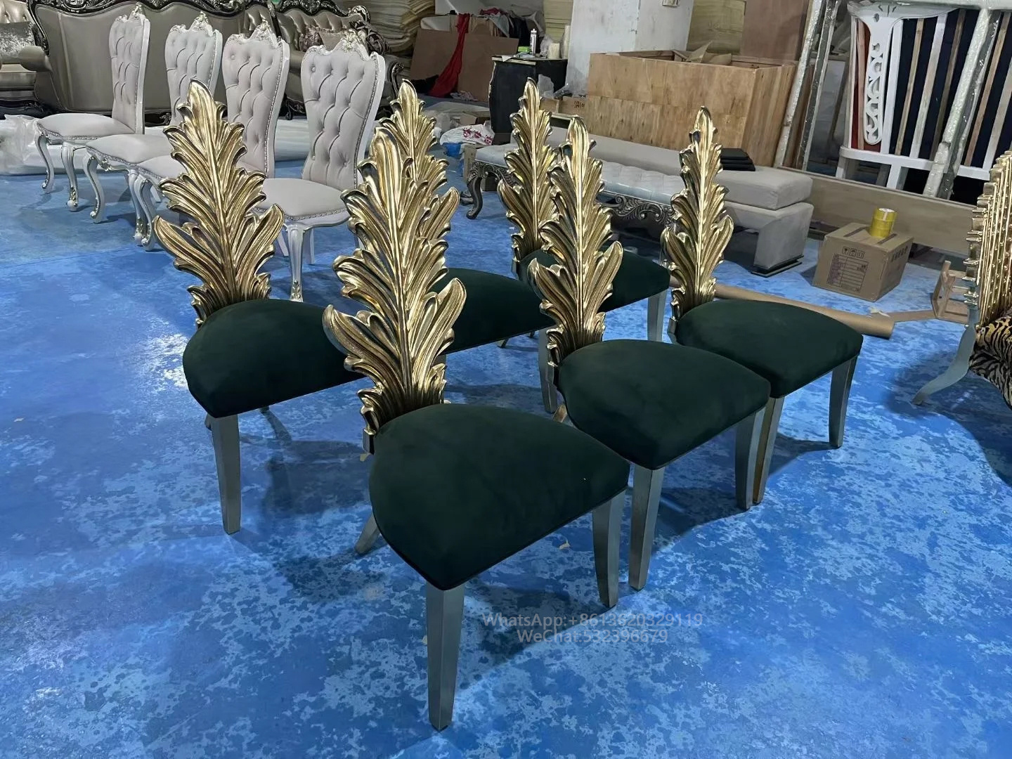 Antique Gold Hand-Carved High Back Chair from Guangdong Factory Classic Blue Velvet for Party Props Living Room Wedding Events