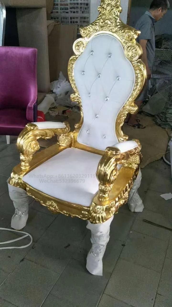 High-Back European Classical Gold Throne Arm Chair Luxury Artificial Leather for Banquets Events Villas Hand-Carved King Throne