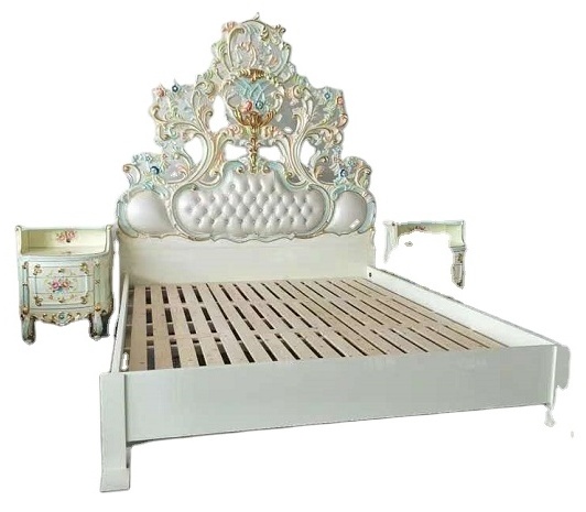 Luxury French Rococo Style Antique Wood Carved Marquetry Canopy Bed Royal Four Poster King Size Storage European Bedroom