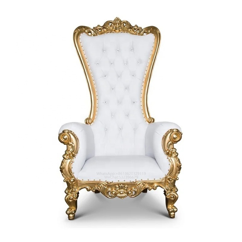 High-Back Big Head Gilded Wood Carved Luxury Throne Chair White Leather Event Wedding Rental for Banquet Bar Lobby