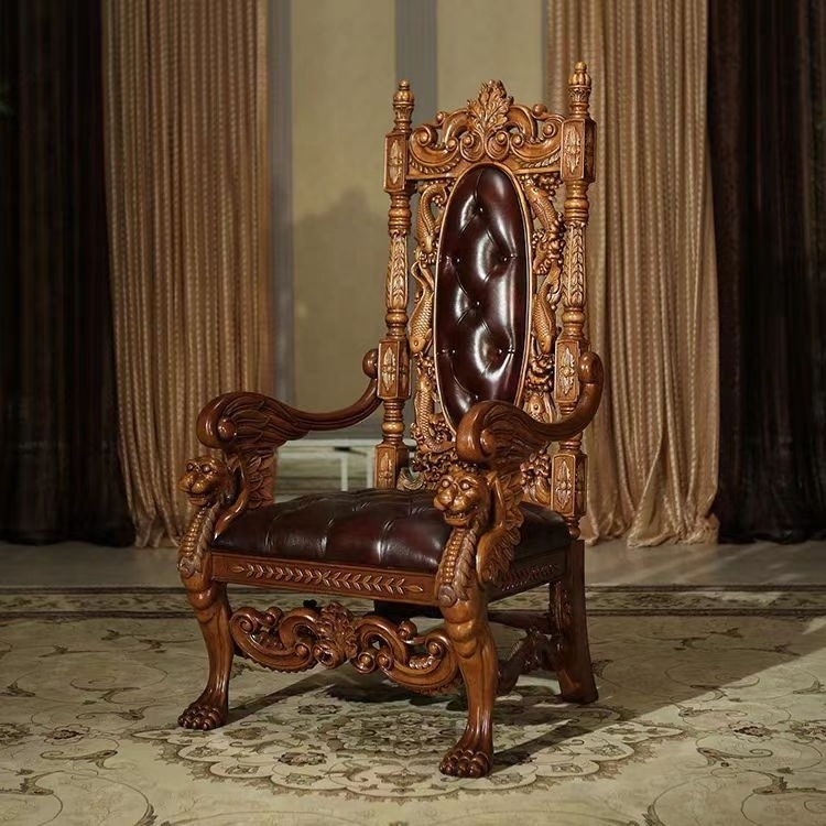 European Classical High-Back Leather Office Chair with Hand Carving Brown Teak Wood Leisure Villa Chair Home Hotel Living Room