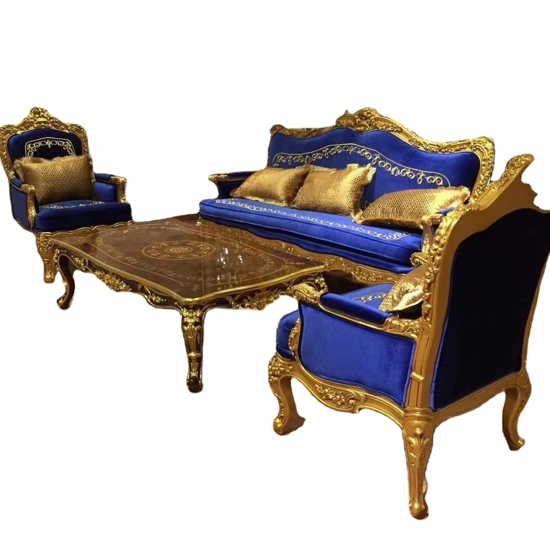 Foshan-Supply Classic Velvet Fabric Tufted Floor Seating Set Gold Wood Carved Royal Blue Sofa Set for Home Furniture