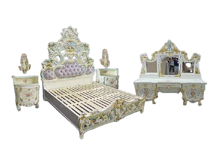 Luxury French Rococo Style Antique Wood Carved Marquetry Canopy Bed Royal Four Poster King Size Storage European Bedroom