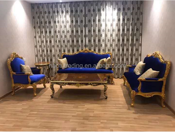 Foshan-Supply Classic Velvet Fabric Tufted Floor Seating Set Gold Wood Carved Royal Blue Sofa Set for Home Furniture