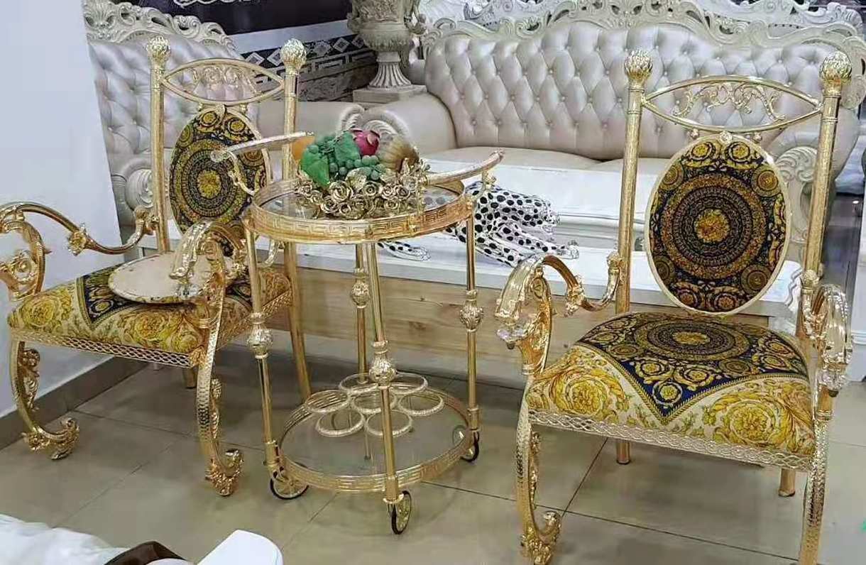 New Design Arab Classical Golden Genuine Leather Waittingroom Coffee Table Set Cast Copper Livingroom Chair with Leisure Style