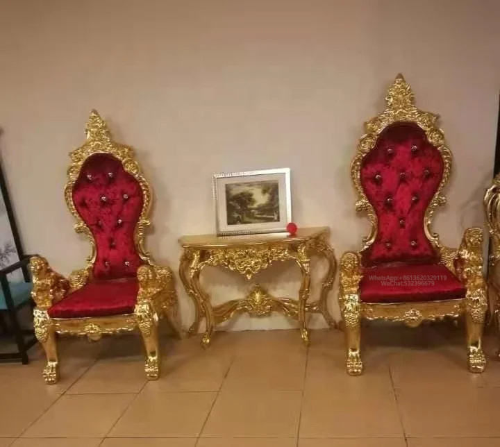 High-Back European Classical Gold Throne Arm Chair Luxury Artificial Leather for Banquets Events Villas Hand-Carved King Throne