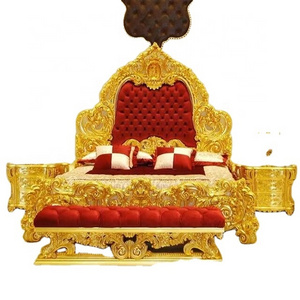 Italian Classical Bedroom Furniture Hand-Carved Oak Mahogany Teak King Throne Bed 24k Gold Velvet Fabric Double Bed Wooden Panel