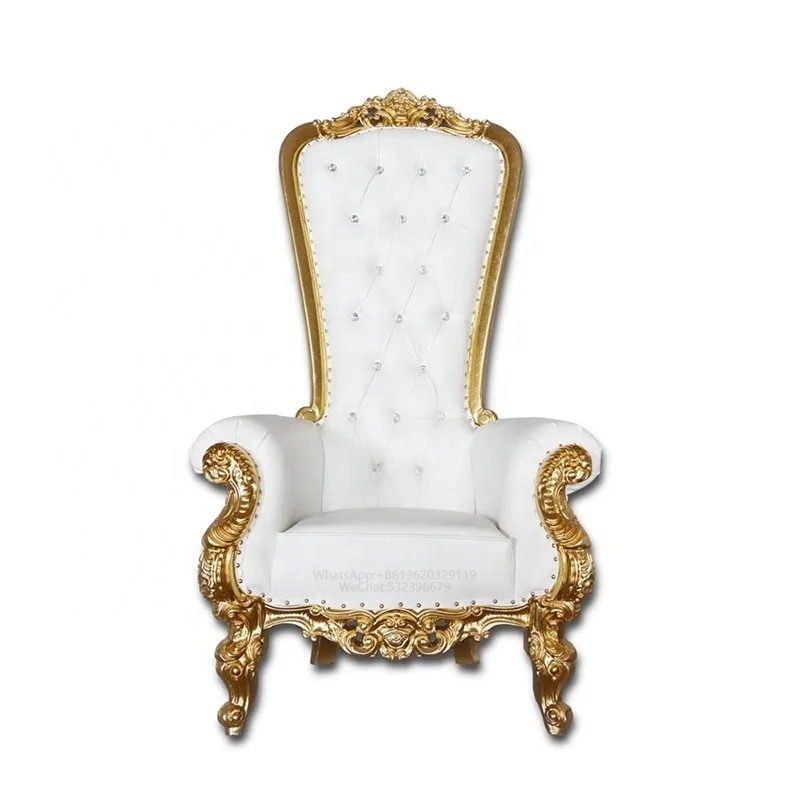 High-Back Big Head Gilded Wood Carved Luxury Throne Chair White Leather Event Wedding Rental for Banquet Bar Lobby