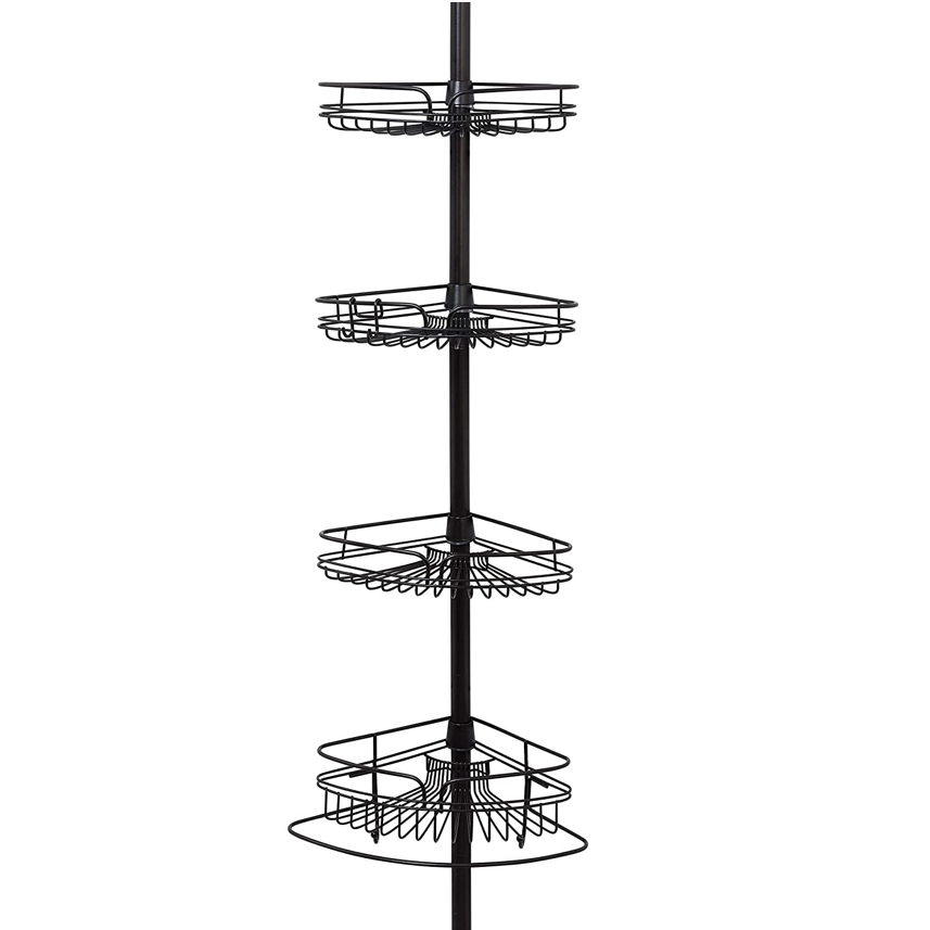 Amazon black Wall Rack Storage Organizer Stainless Steel 4 Tier Pole Telescopic Corner Shower Shelf Caddy Hanging for Bathroom