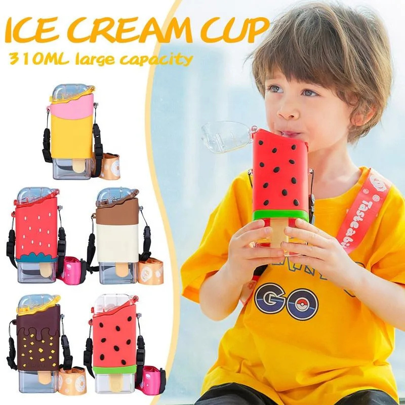 Wholesale Cute Cartoon Ice Cream Children with Strap Portable BPA Free Plastic Bottles Fashion Popsicle Straw Water Cup