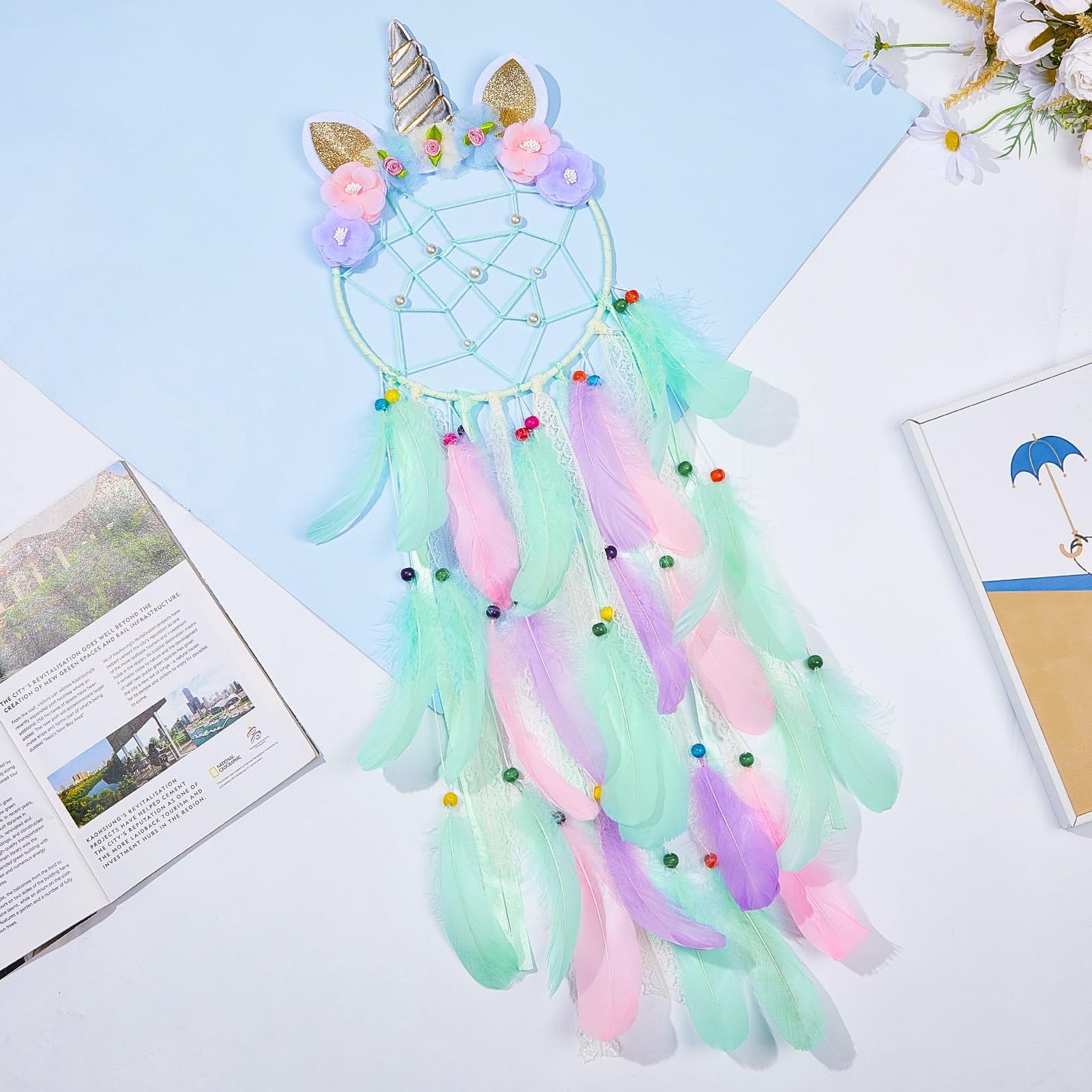 Dream Catchers for Kids Unicorn Wall Decor for Girls Bedroom Flower Feather Wall Hanging Decoration