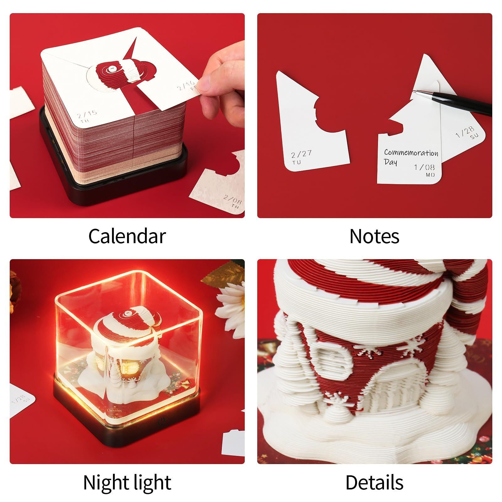 3D Calendar 2024,Time Piece Calendar Memo Pad with Lights,3D Art Desk Calendar 2024 Christmas House