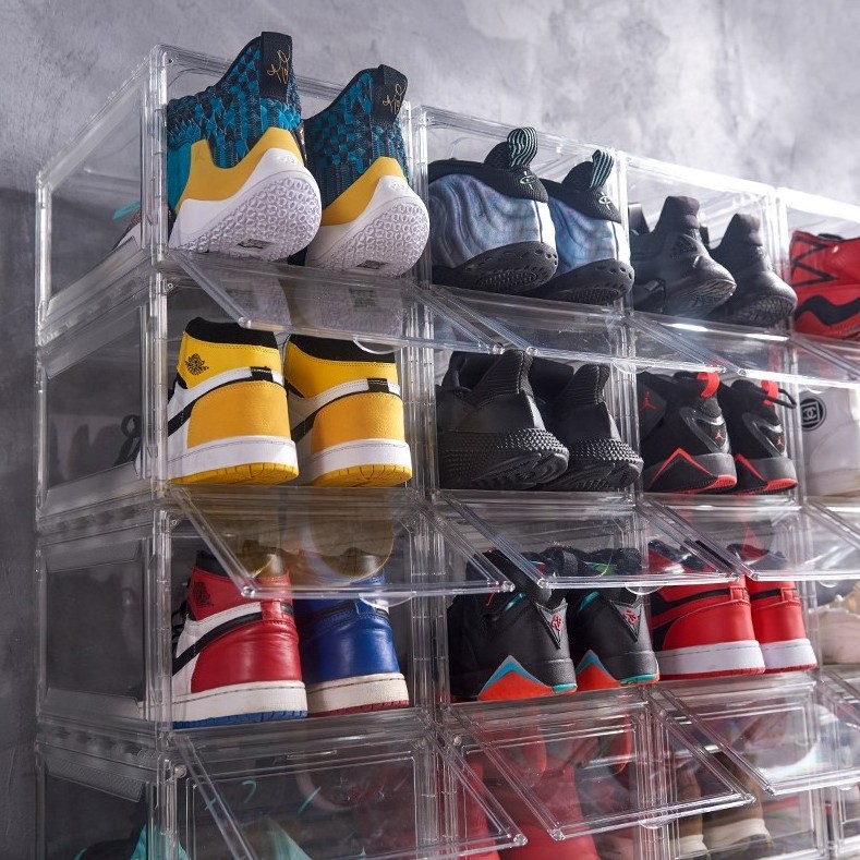 Wholesale Clear Plastic Sneaker Stackable Shoe Storage Boxes Drop Front Acrylic Drawer Type Magnetic Clear Shoe Box