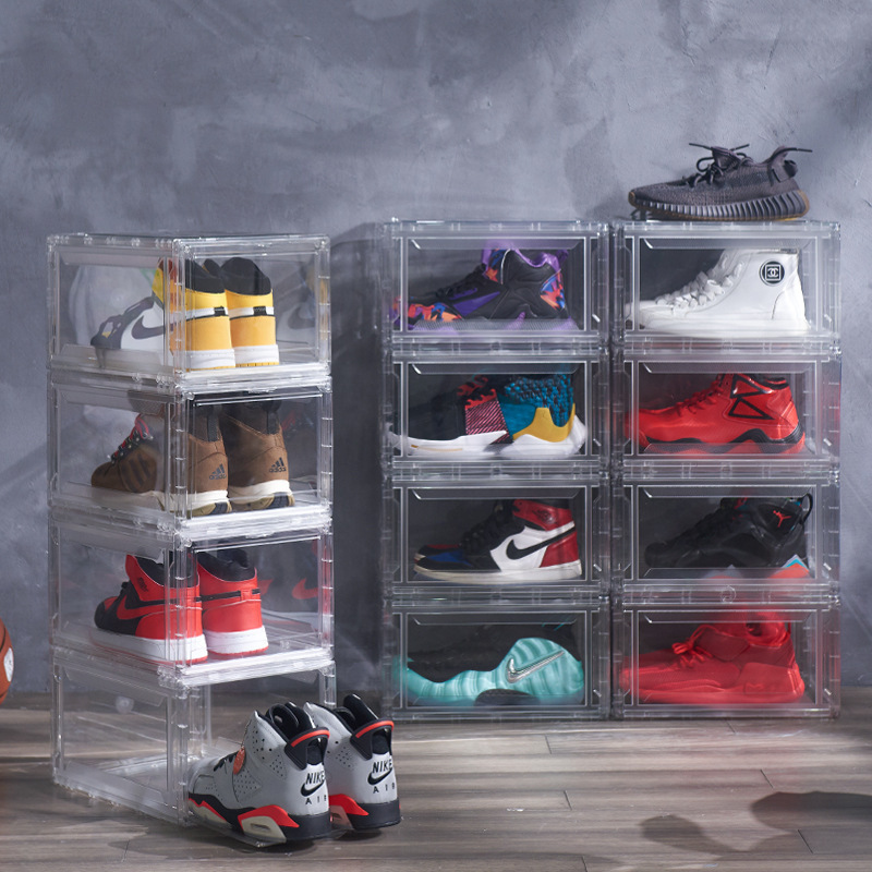 Wholesale Clear Plastic Sneaker Stackable Shoe Storage Boxes Drop Front Acrylic Drawer Type Magnetic Clear Shoe Box