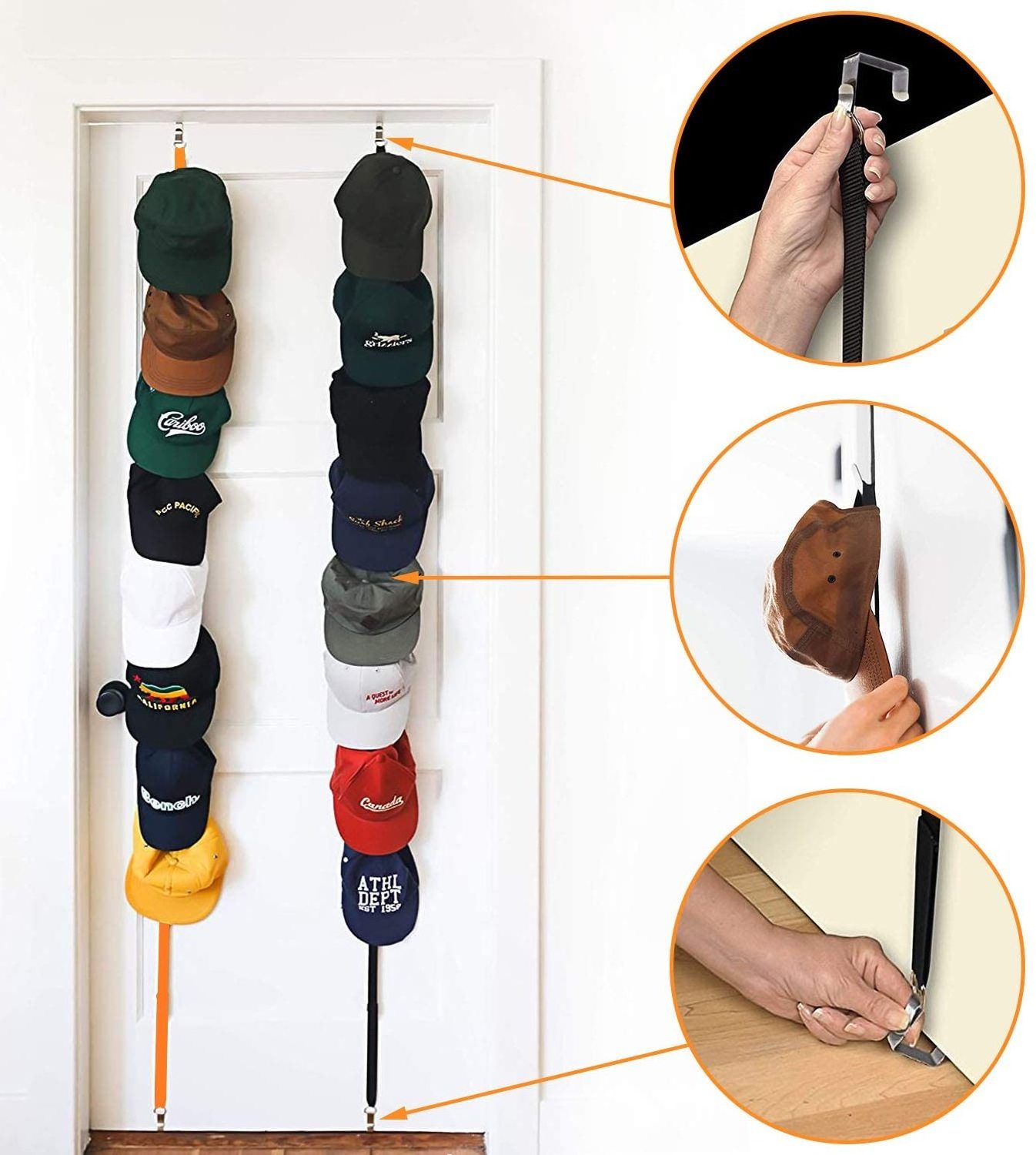 Door wall room closet adjustable hanging baseball  organizer holder hat display storage rack with 8 hooks and 4 buckles