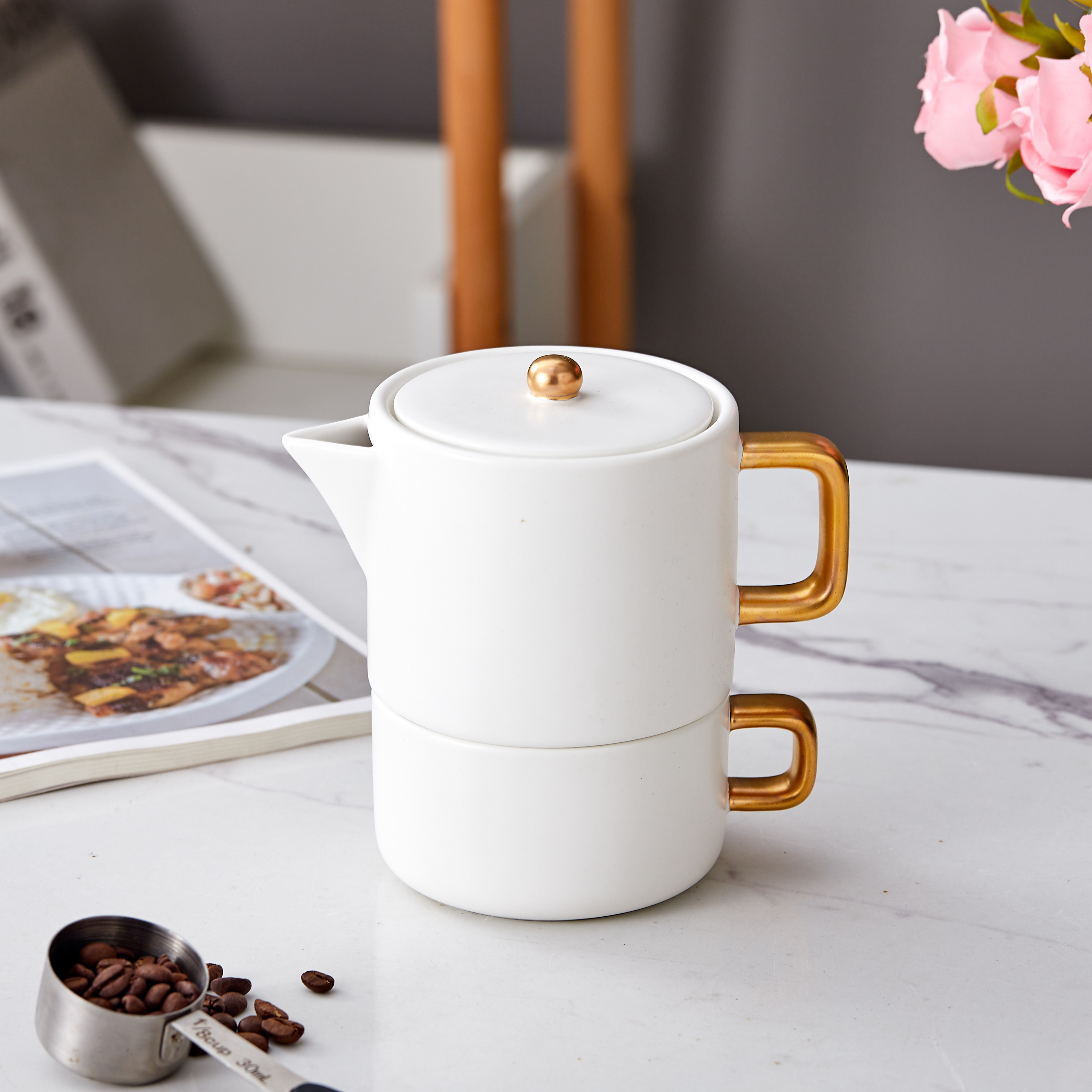 Simple matte white household tea cup and pot  luxury teaware ceramic tea pot  with gold handle