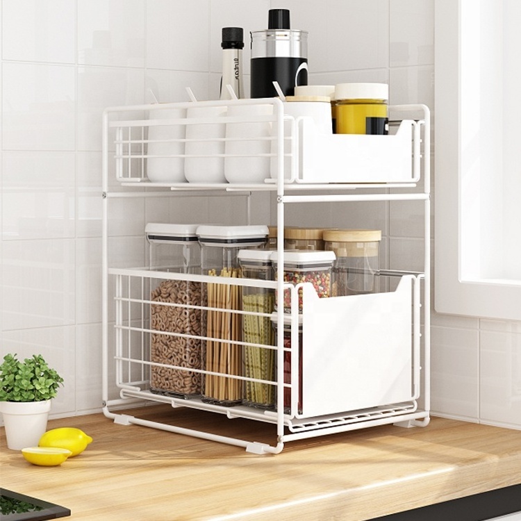 White New upgrade Kitchen under sink multifunctional grid spice storage rack organizer bathroom storage shelves