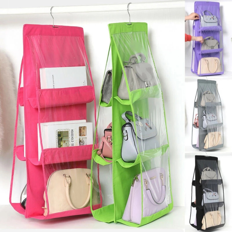 6 Pocket Hanging Handbag Organizer for Wardrobe Closet Transparent Storage Bag Door Wall Clear Sundry Shoe Bag with Hanger