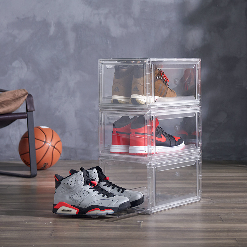 Wholesale Clear Plastic Sneaker Stackable Shoe Storage Boxes Drop Front Acrylic Drawer Type Magnetic Clear Shoe Box