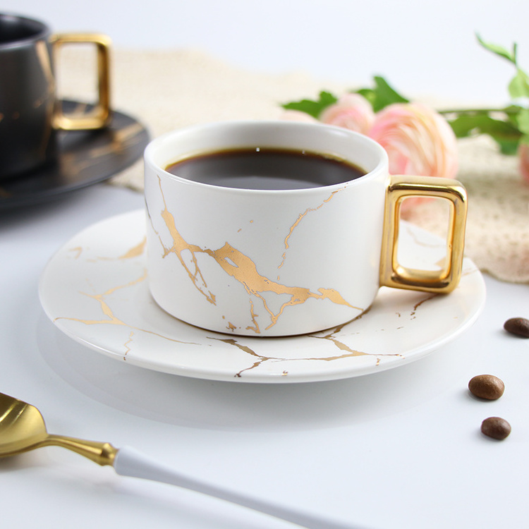 Marble Tea Cup Coffee Set For Cafe Restaurant Crockery Set Porcelain Plates Cup Saucer over 300ml Marble Dinner Set