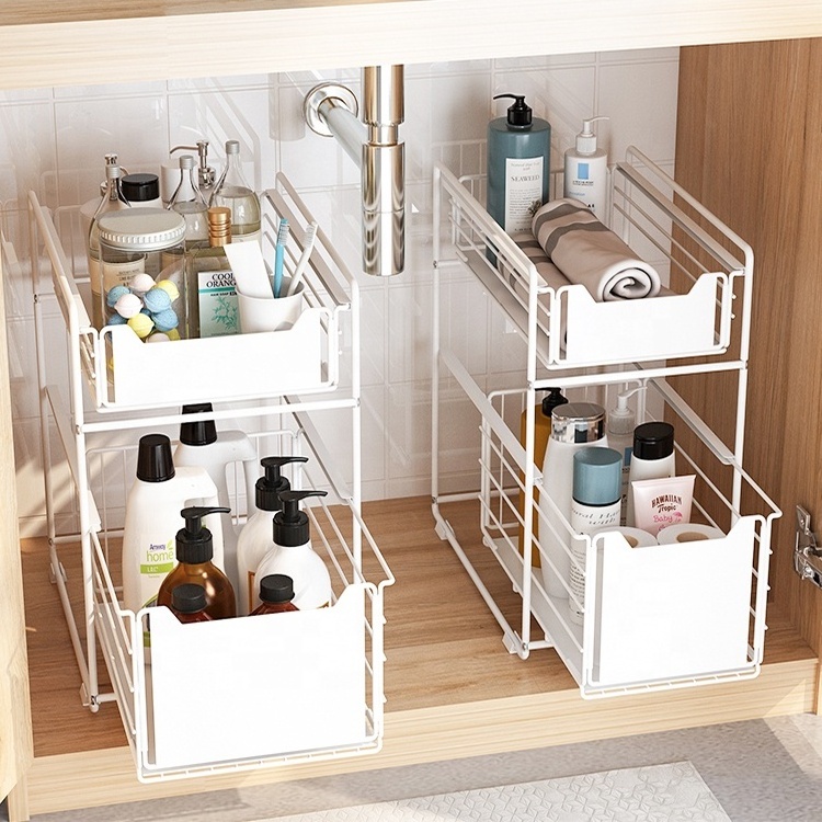 White New upgrade Kitchen under sink multifunctional grid spice storage rack organizer bathroom storage shelves