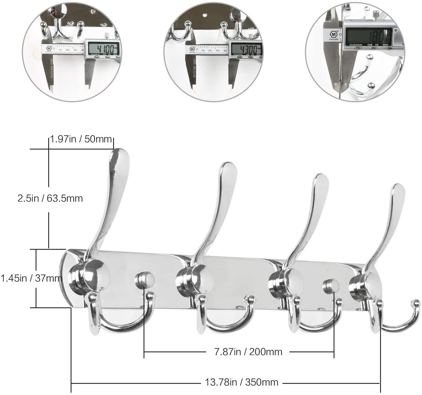 2022 hot sale Wall Mount Coat Hooks,Metal Robe Rail Rack Towel Hanger 5 Tri Hooks Heavy Duty Stainless Steel Hook Rail