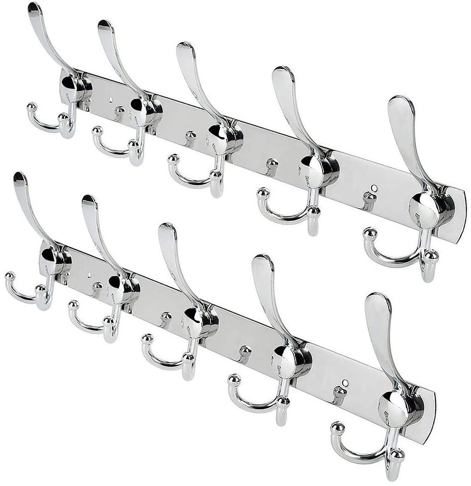 2022 hot sale Wall Mount Coat Hooks,Metal Robe Rail Rack Towel Hanger 5 Tri Hooks Heavy Duty Stainless Steel Hook Rail