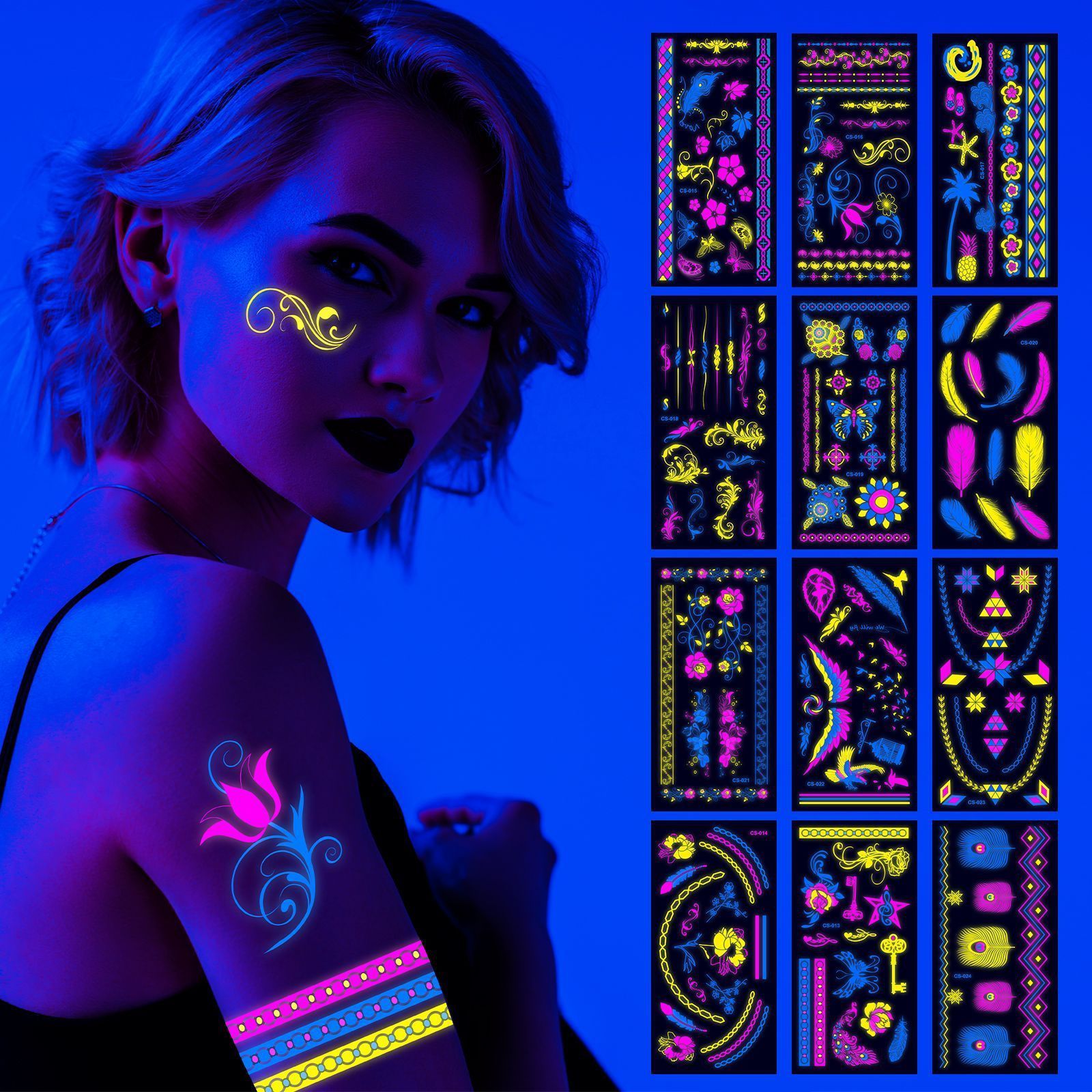 2024 New Trend 500 Neon Temporary Tattoo Designs Tattoo Sticker Glow in Dark Temporary Tattoos