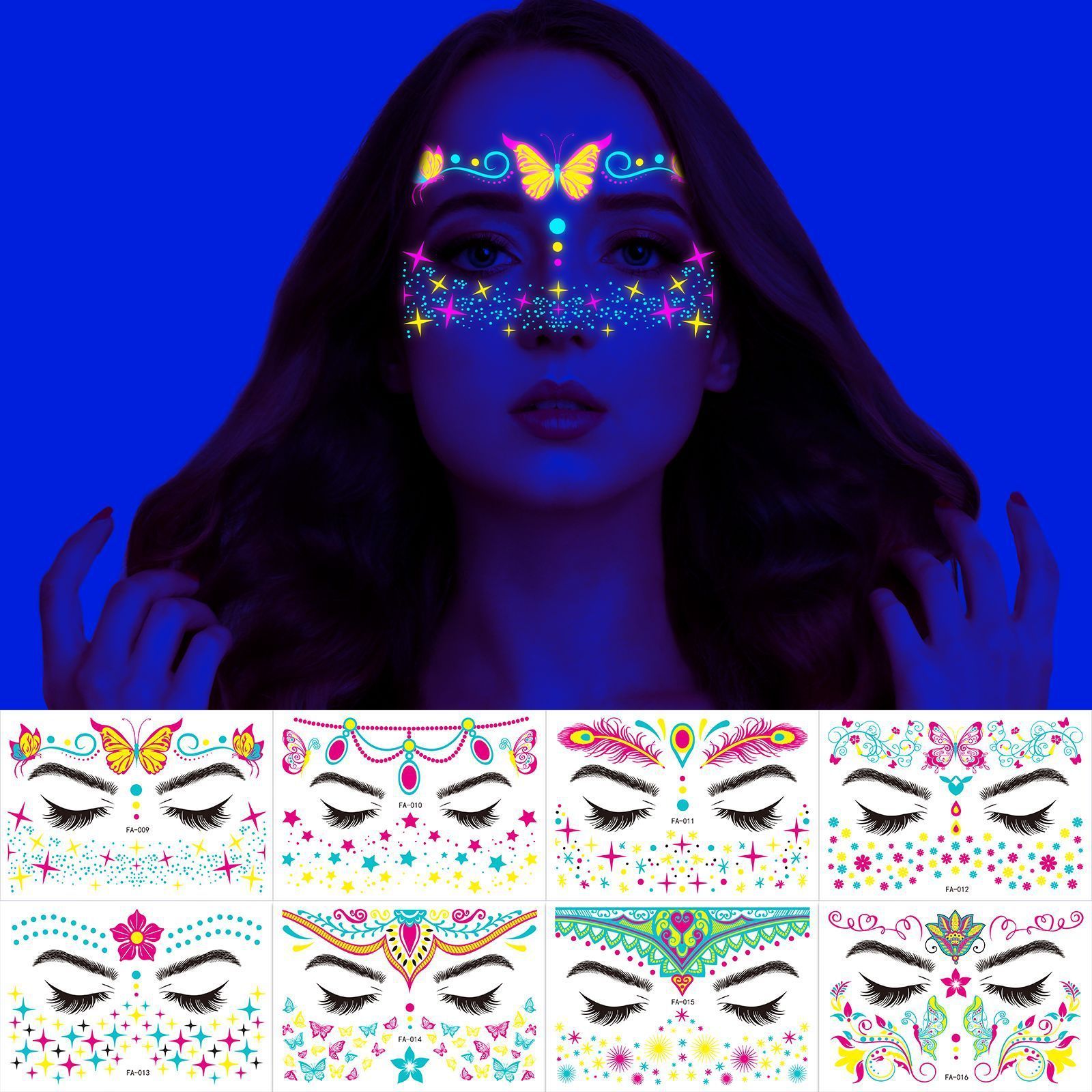 2024 Trend Glow in The Dark Tattoos Stickers Fake Luminous Face Temporary Tattoos for Festival Bar Party